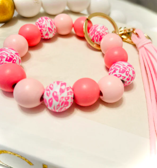 Beaded Keychain Bracelet-Leopard Pink