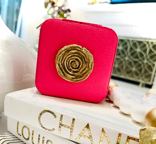 Petite Travel Jewelry Box- Hot Pink Square Flower