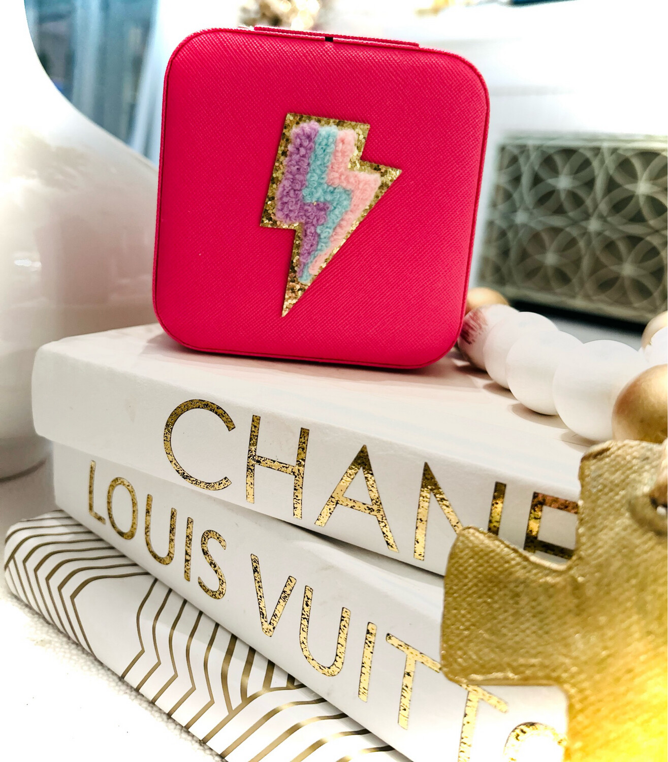 Petite Travel Jewelry Box- Pink Square Lightning Bolt