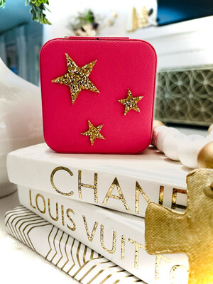 Petite Travel Jewelry Box- Pink Square Multi Star