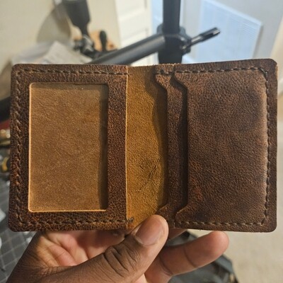 Rustic brown flip wallet with ID window 