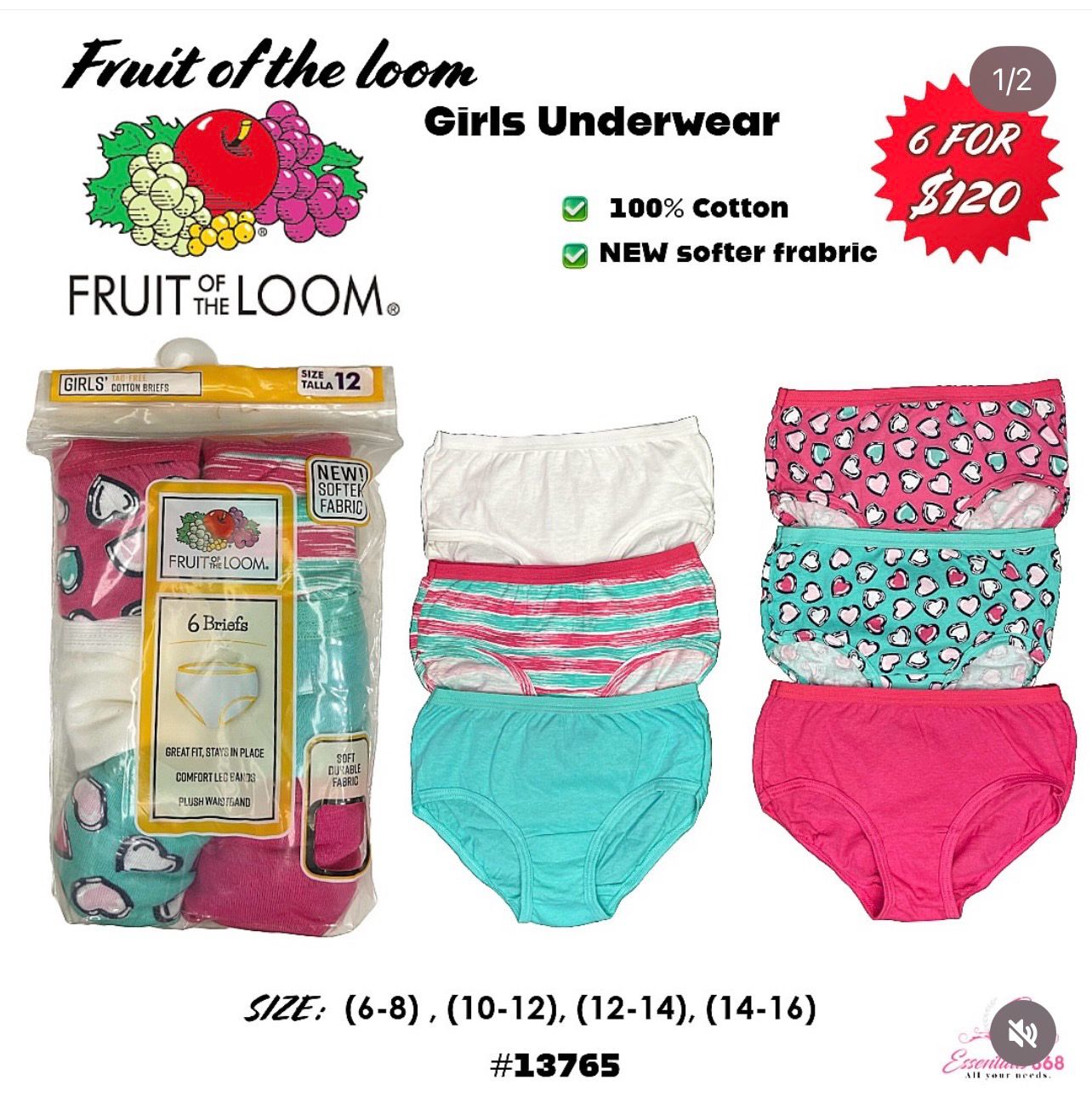Fruit Of The Loom Girls Cotton Briefs -6 PCs