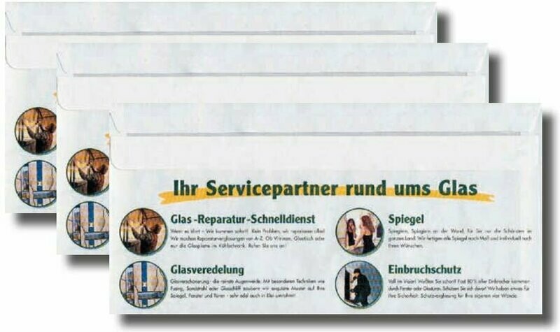 Briefumschläge mit Aufdruck Briefumschläge mit Aufdruck "Ihr Servicepartner rund ums Glas"