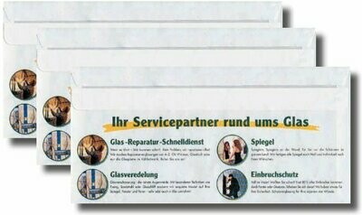 Briefumschläge mit Aufdruck "Ihr Servicepartner rund ums Glas"