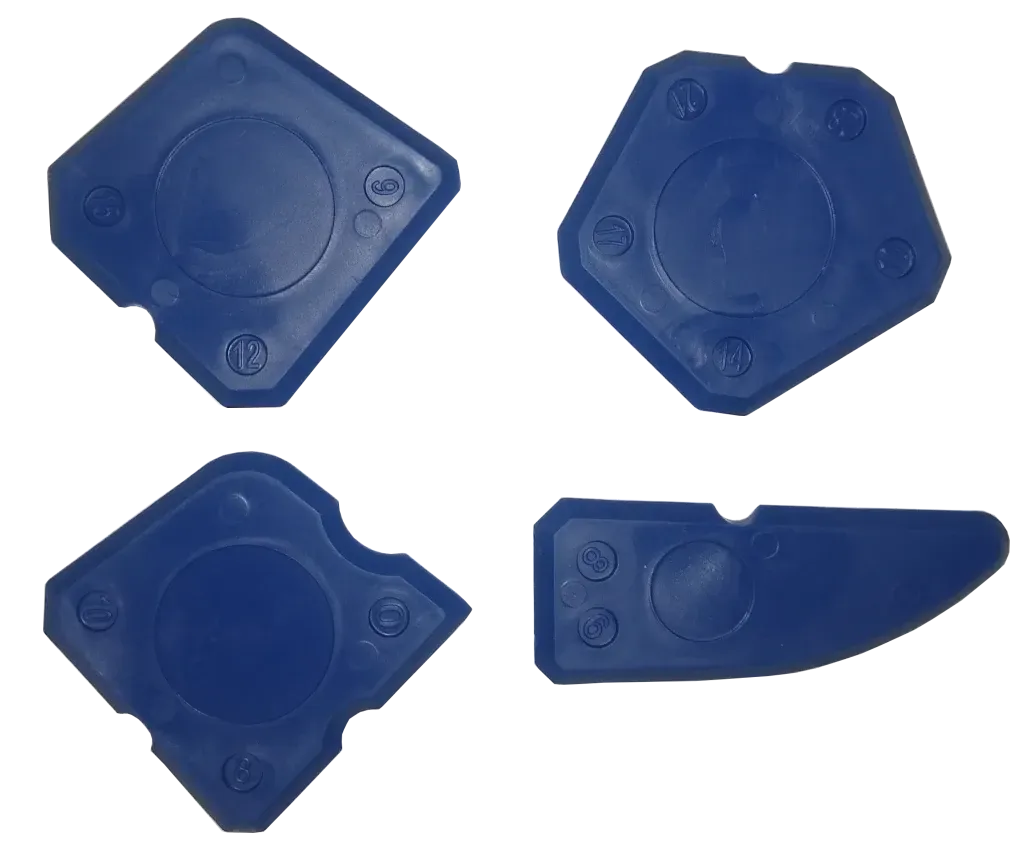 Set aus 4 Abziehspachteln Farbe blau. Glätten von Silikonfugen im Bad, der Küche Bau und mehr. DIY. Verschiedene Fugenradien für perfekte Ergebnisse. Abzieher Fugenspachtel Abziehspachtel