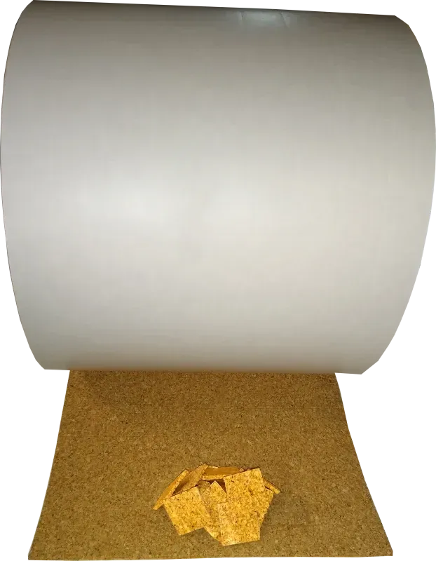 Abgebildet ist eine Rolle Korkstapelscheiben mit Abdeckpapier auf der klebenden Seite und ein par einzelne Korkstapelscheiben sind auf der Rolle dekorativ angerichtet.