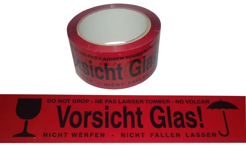 Rotes Klebeband mit Aufdruck Vorsicht Glas! Nicht Werfen Nicht Fallen Lassen Do Not Drop Ne Pas Lai…