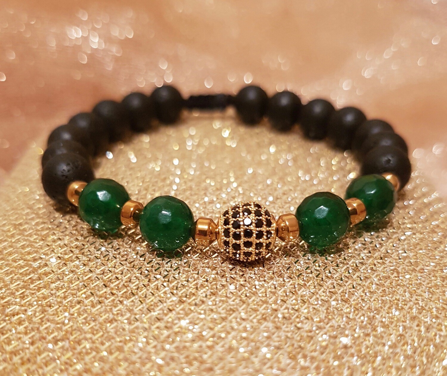 Bratara din lava vulcanica, Jad, Hematit, sfera aurie
