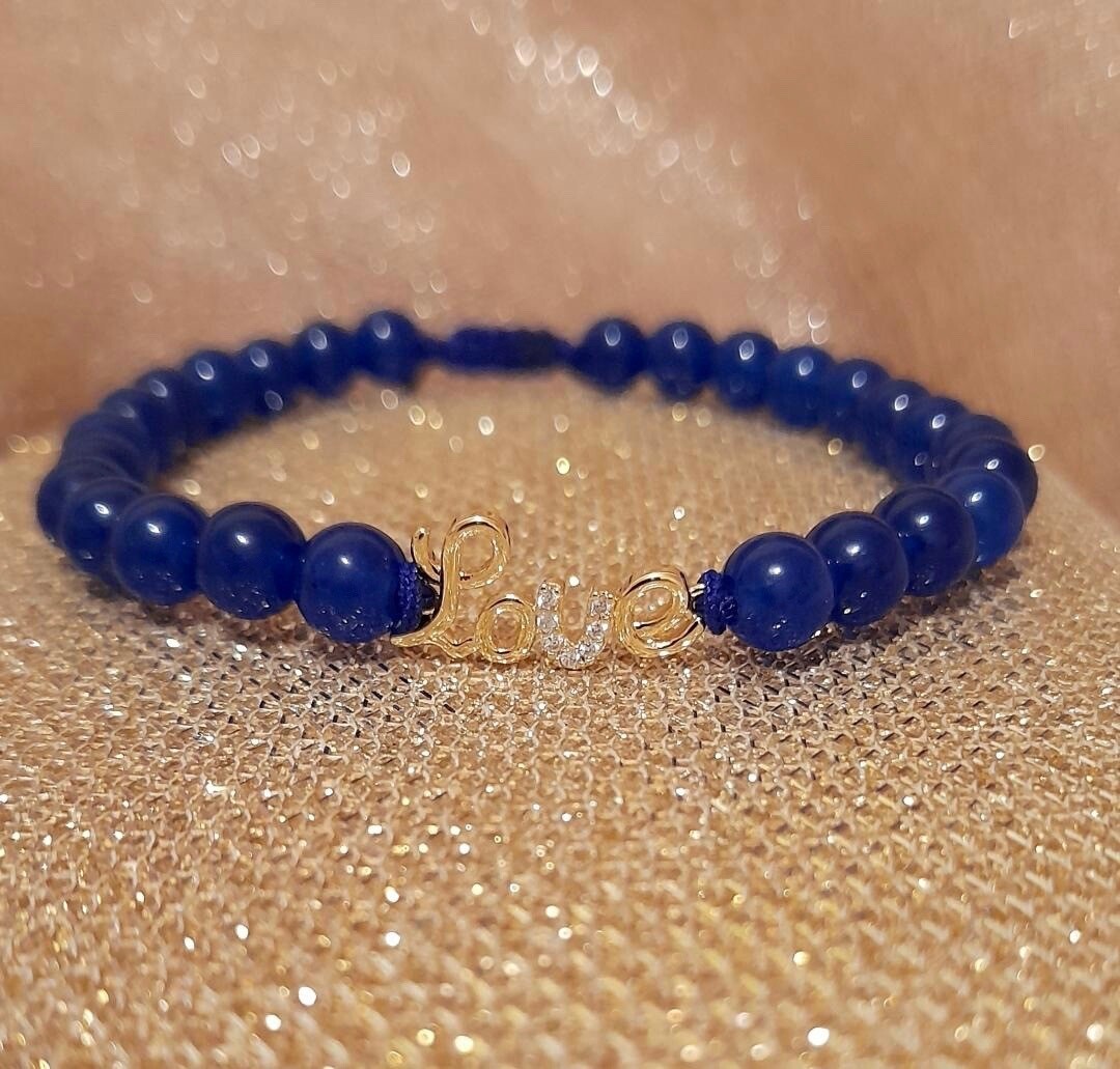 Brățară cu Agat albastru și rhinestone Love (Iubire) cu pietre de zirconiu