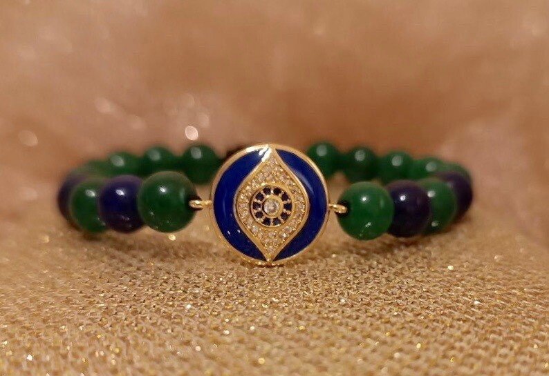 Bratara din Jad albastru si verde si rhinestone Ochiul lui Horus cu pietre de zirconiu