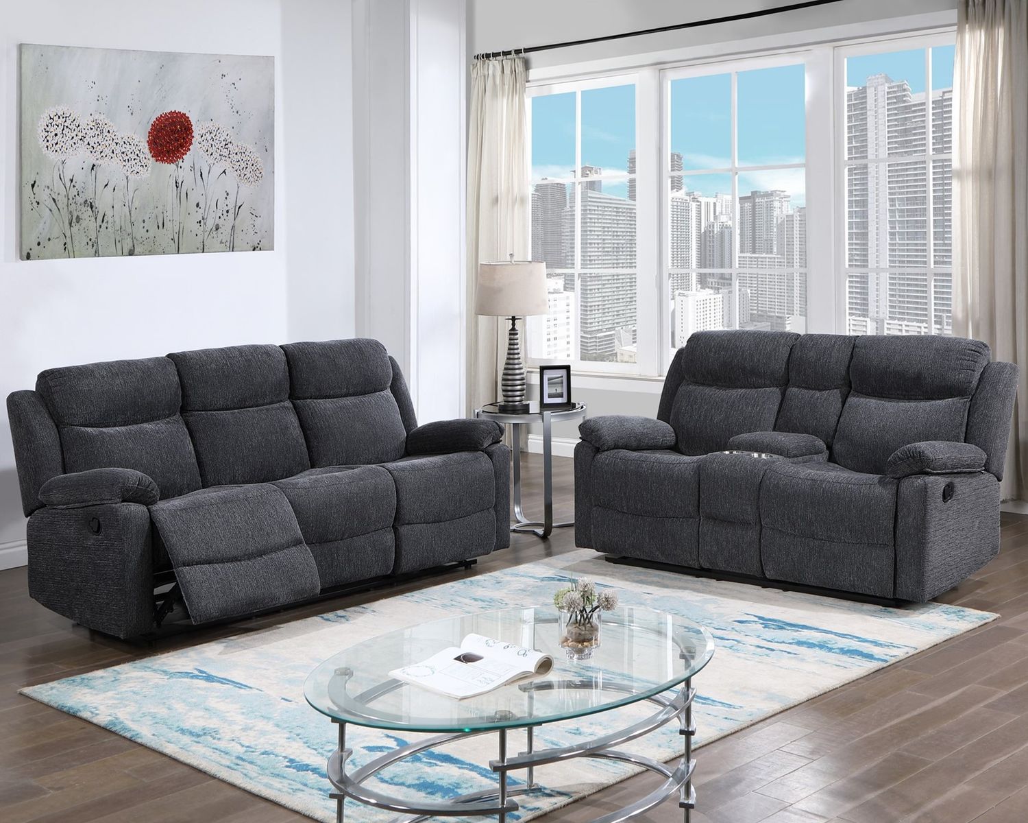 Smoke reclining sofa and loveseat