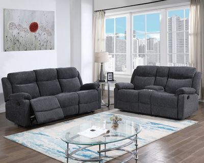 Smoke reclining sofa and loveseat