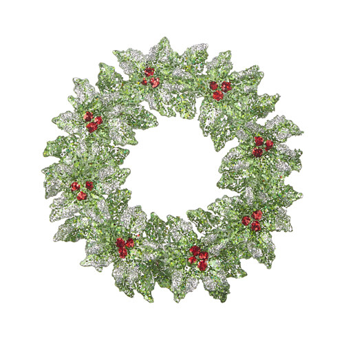 5.25" Glittered Green Holly Wreath Ornament