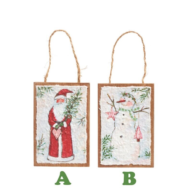 6" Santa and Snowman Textured Paper on Wood Ornament