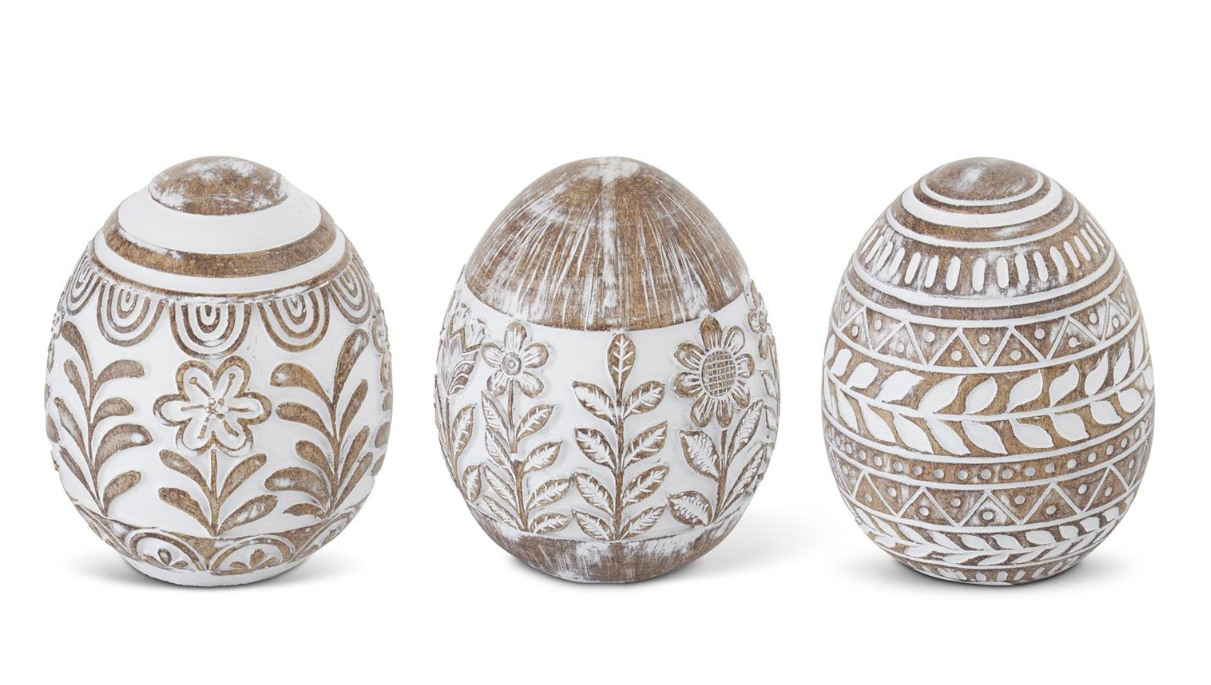 Whitewashed Floral Carved Resin Easter Eggs