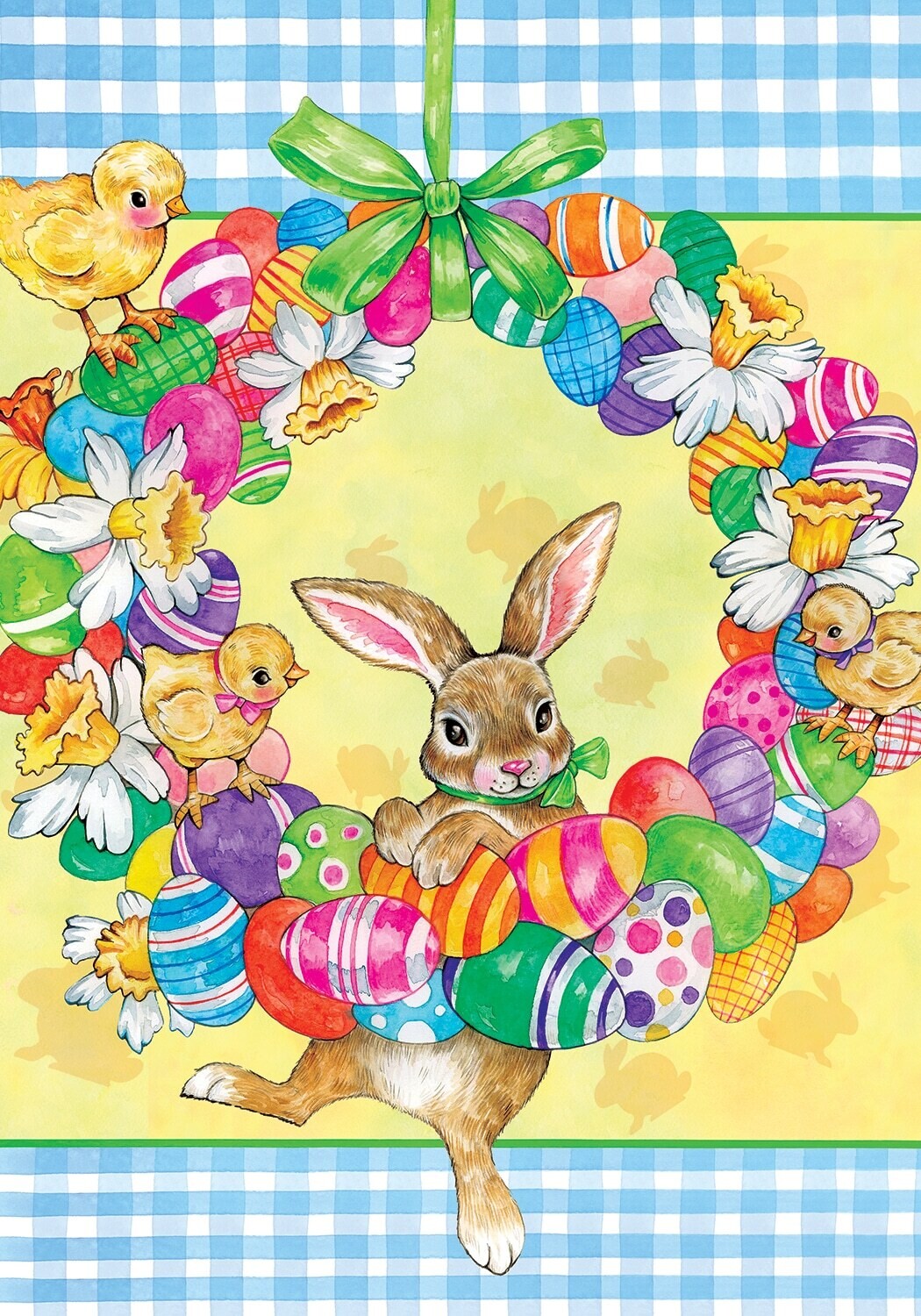 Bunny Wreath Blue Check Flag