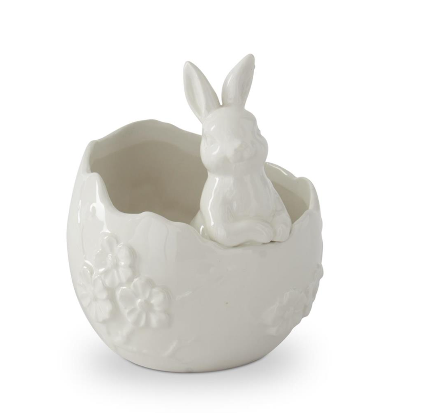 6 Inch White Ceramic Flower Embossed Egg Container w/Easter Bunny