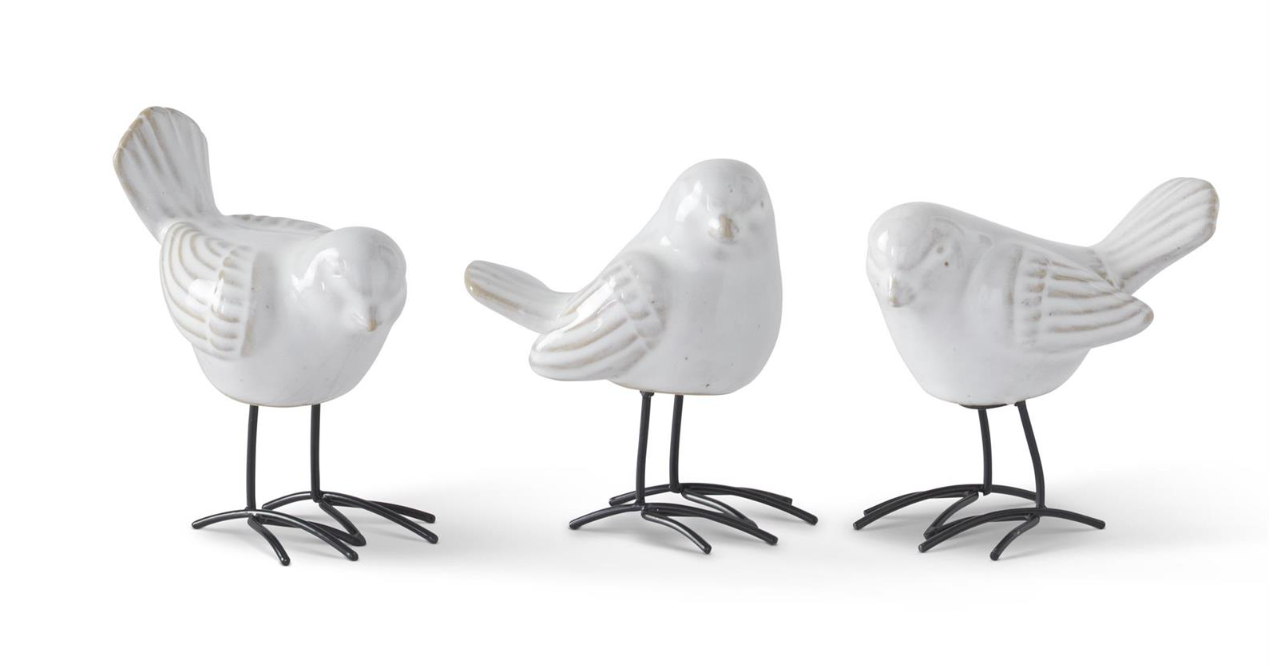 3.5 Inch White Ceramic Birds w/Metal Feet