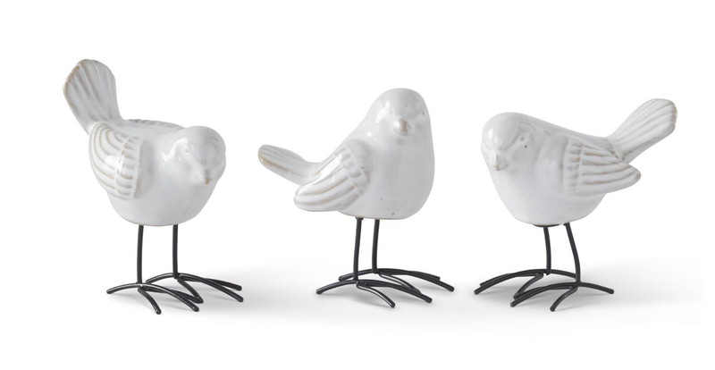 3.5 Inch White Ceramic Birds w/Metal Feet