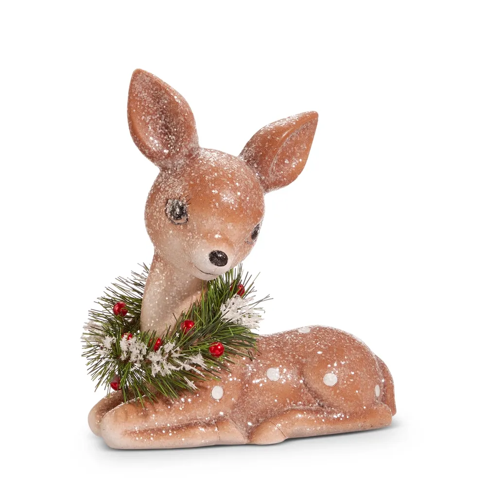 6.75" Retro Sitting Deer with Wreath