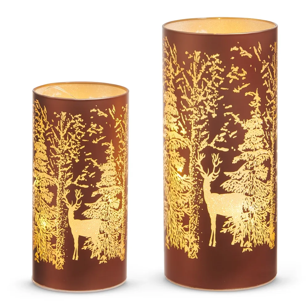 8"  Brown Lighted Forest Trees Lanterns