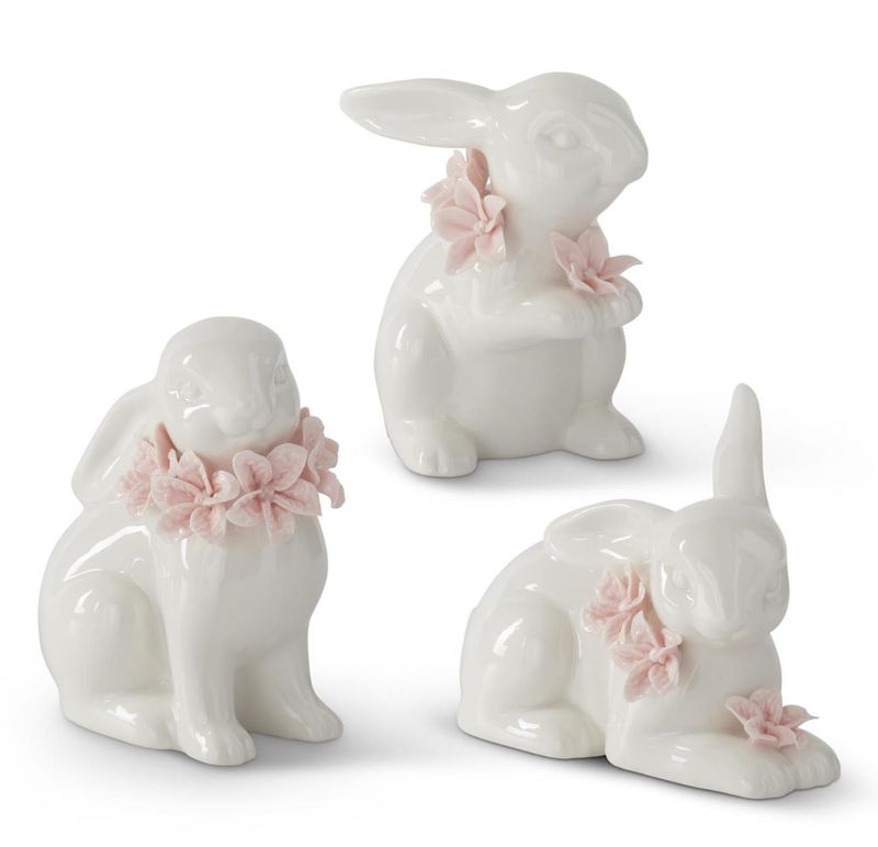 5 Inch White Ceramic Easter Bunnies w/Pink Flowers