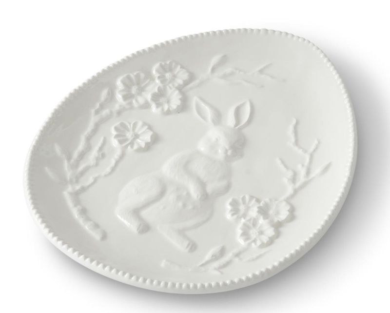 8.75 Inch White Ceramic Easter Bunny Embossed Egg Plate