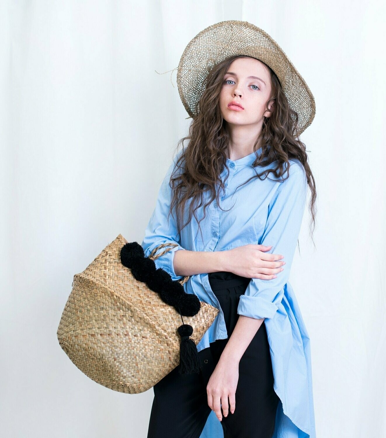 SAC panier paille Pompons