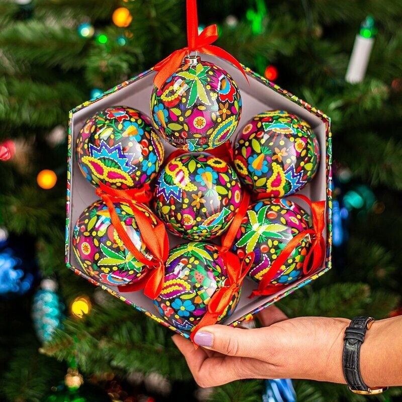 BOULES de Noel folk Polonaises KRAKOWSKIE LA BOITE de 7 pièces