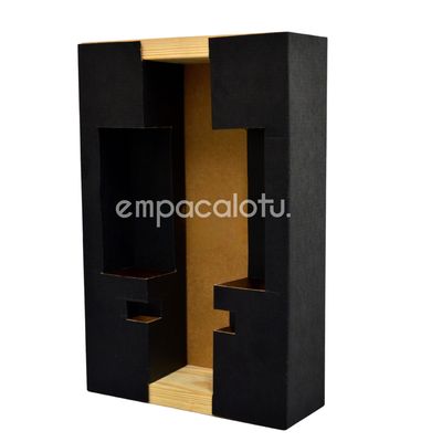 CAJA YORU | PARA 1 BOTELLA Y 2 COPAS EXPUESTAS |DE CARTÓN Y MADERA | KIT C/12 PIEZAS