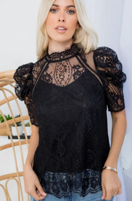 Sweet Lovely Lace Top Puff Sleeve Black