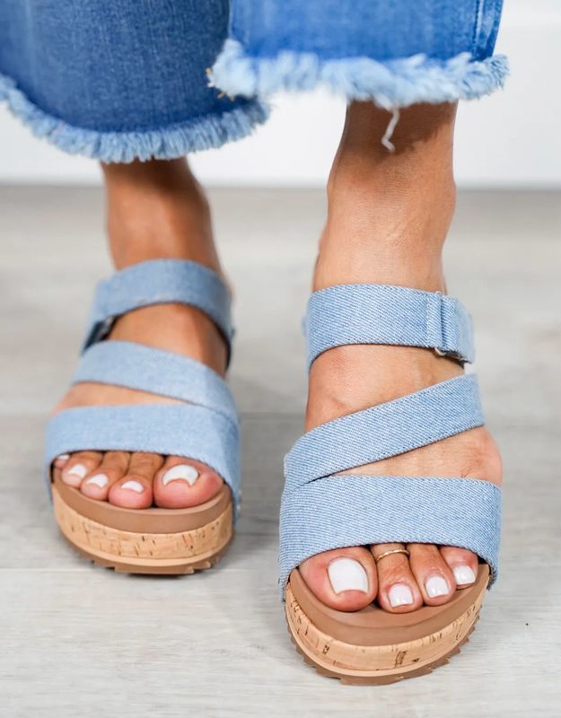 Corkys Voyage Blue Denim Wedge Sandal