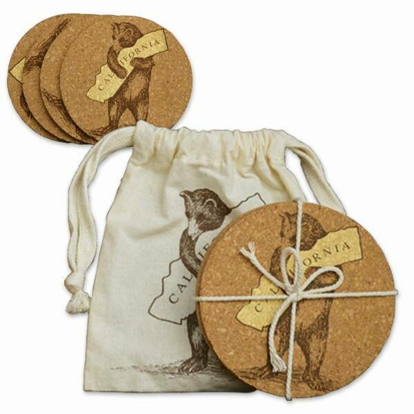 California Bear Hug Set of 4 Cork Coasters in Cotton Bag