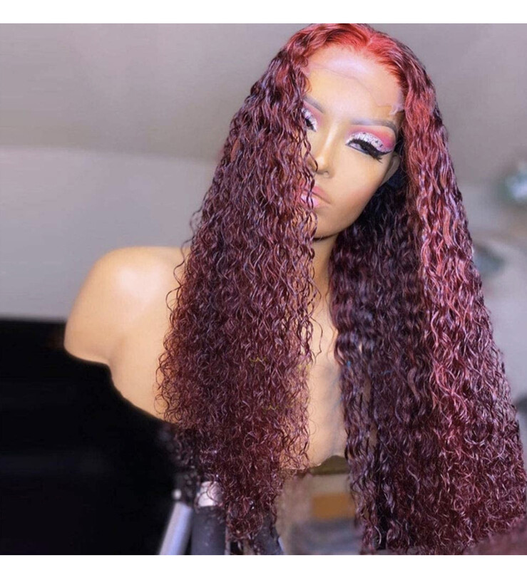 13 x 6 HD Lace Frontal Pre plucked Brazilian Hair Wig 14 inch- Kinky Curls ( Burgundy)