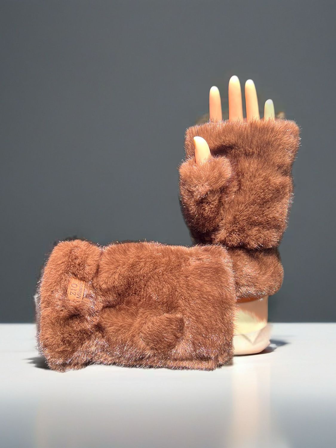 ​Fingerless gloves faux fur - Coffee brown