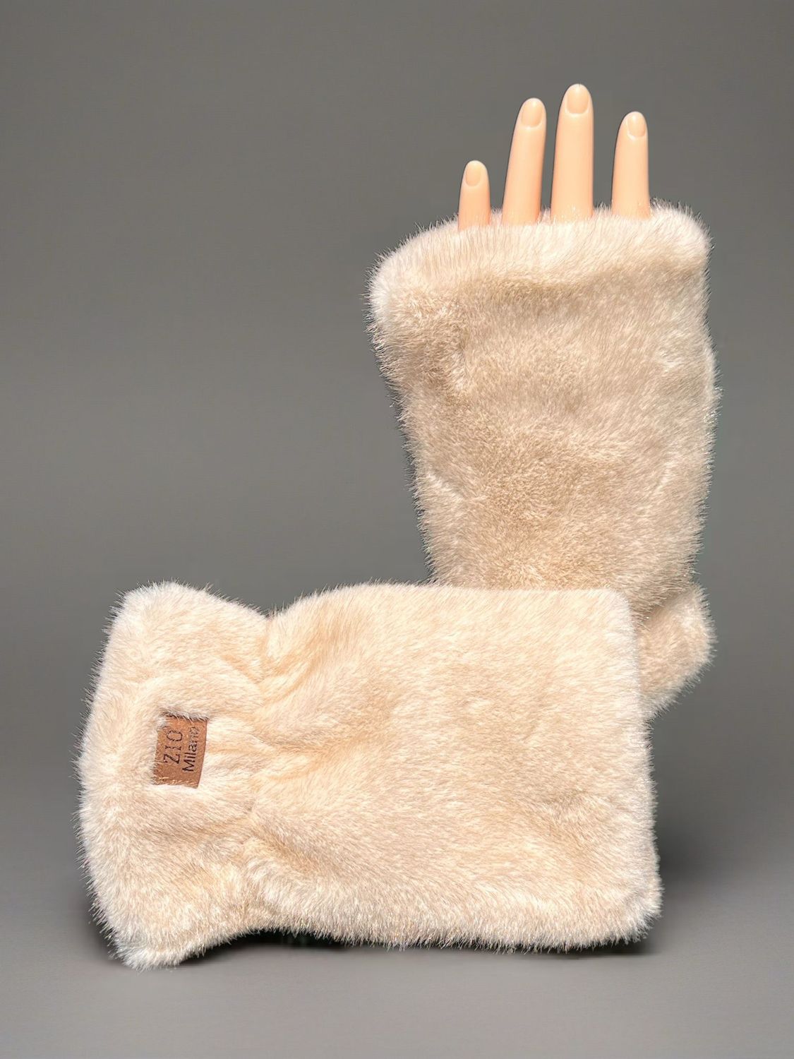 Fingerless gloves faux fur - Light beige