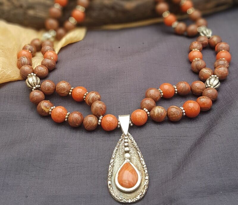 Ketting Orange & Brown met zilveren hanger