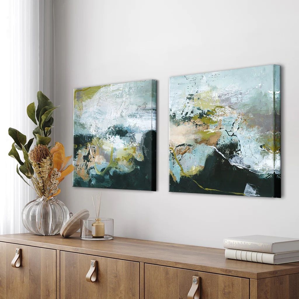 Bilder abstrakt handgemalt blau/grün/türkis 2er-Set