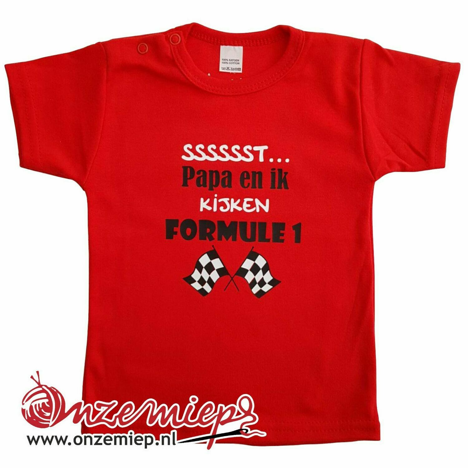 Rood baby shirt met "Sssssst... Papa en ik kijken Formule 1"