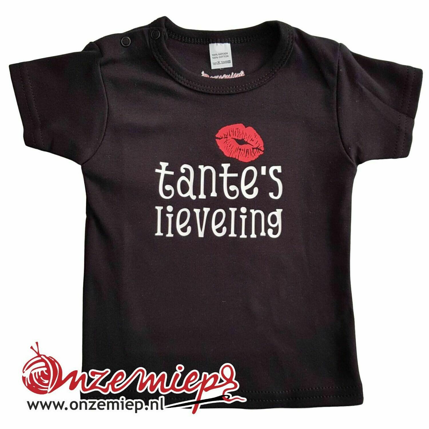 Zwart baby shirt met "Tante's lieveling"