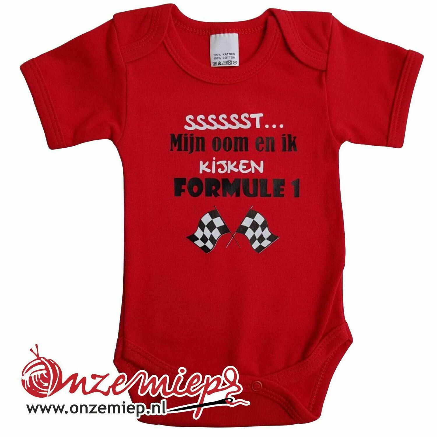 Rode romper met &quot;Sssssst... Mijn oom en ik kijken formule 1&quot; - maat 80