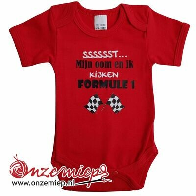 Rode romper met &quot;Sssssst... Mijn oom en ik kijken formule 1&quot; - maat 80