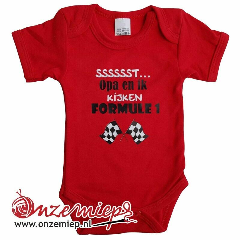 Rode romper met &quot;Sssssst... Opa en ik kijken formule 1&quot; - maat 50/56