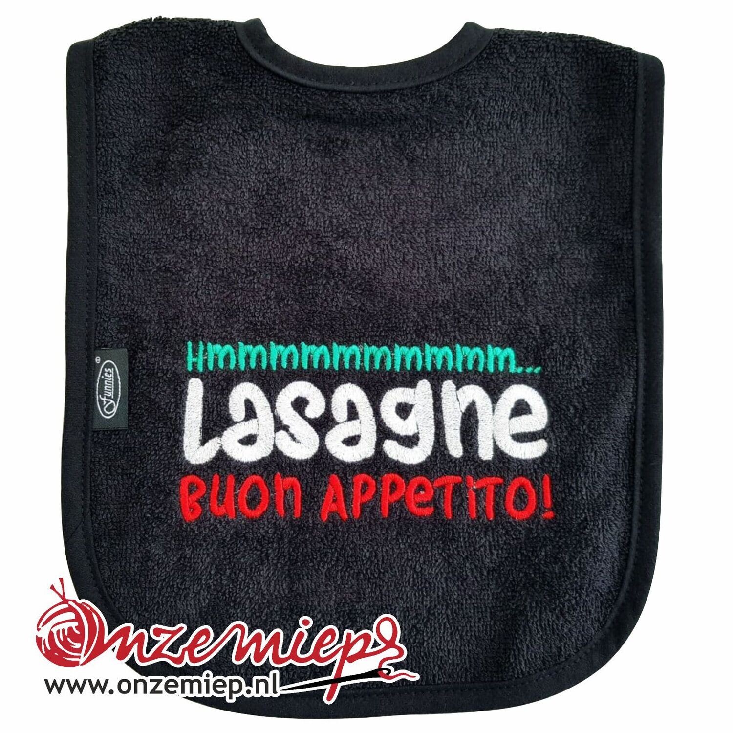 Zwarte slab met &quot;Hmmmmmmmmmm... Lasagne Buon appetito!&quot;