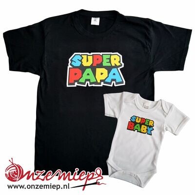 Set van t-shirt en romper met &quot;Super papa&quot; en &quot;Super baby&quot;