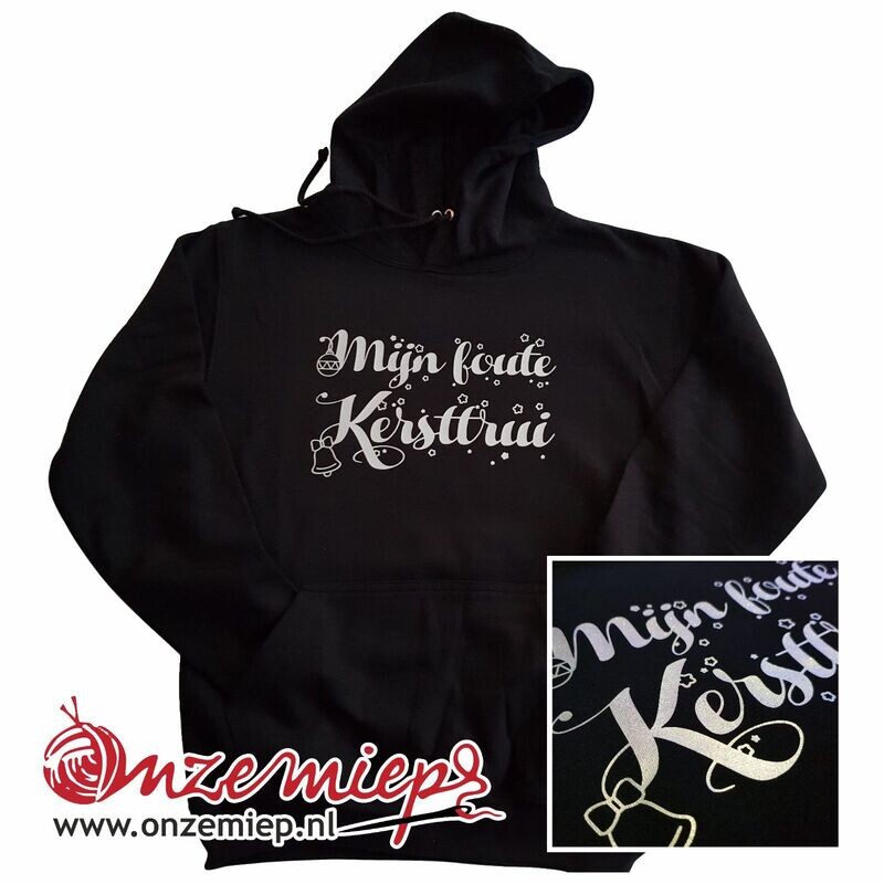 Zwarte hoodie met &quot;Mijn foute kersttrui&quot; - zilver glitter