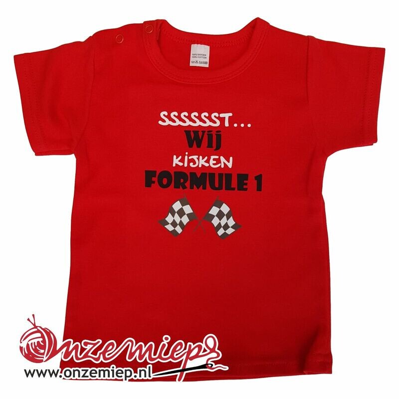 Rood baby shirt met &quot;Sssssst... Wij kijken Formule 1&quot;