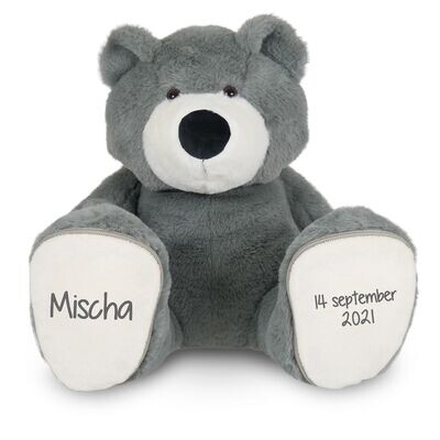Grijze beer met naam en geboortedatum (of andere korte tekst)