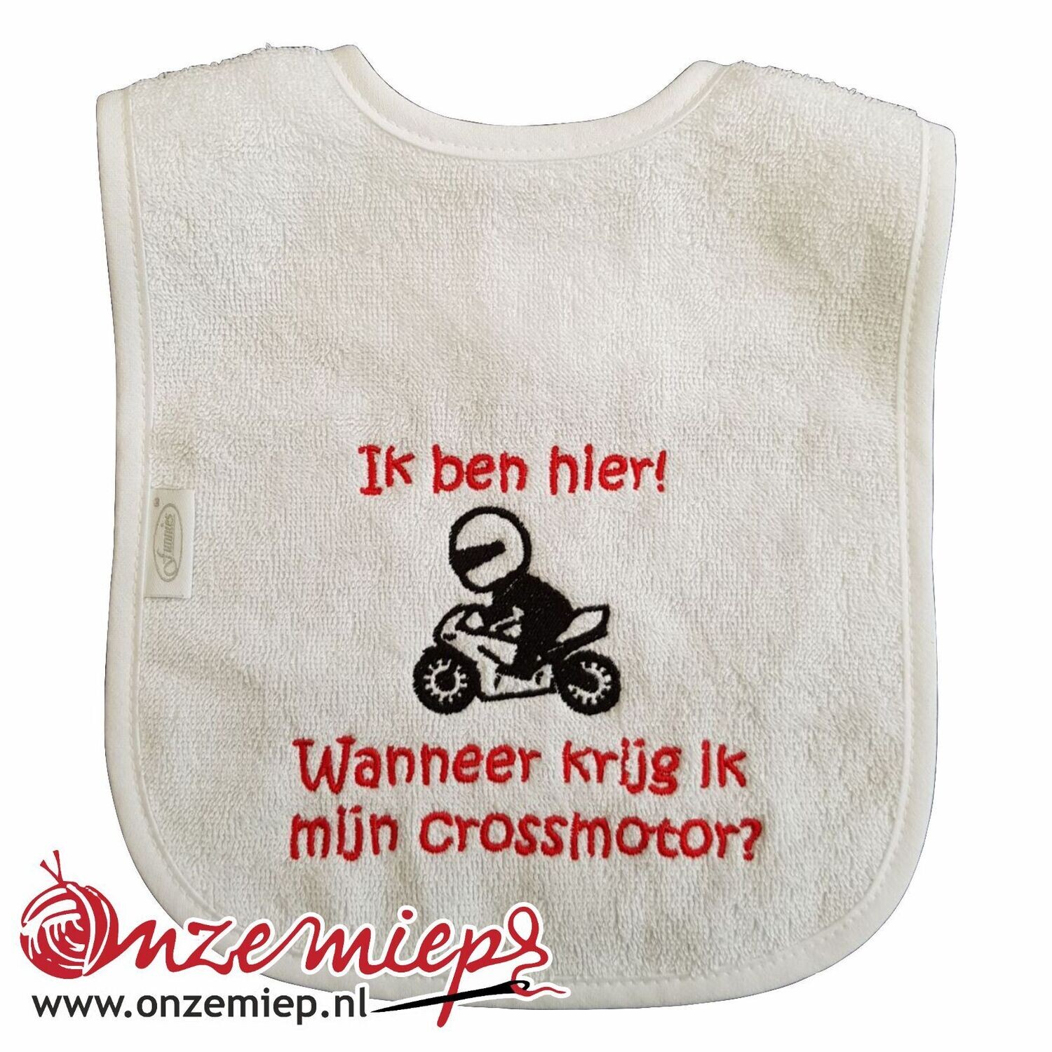 Witte slab met &quot;Ik ben hier! Wanneer krijg ik mijn crossmotor?&quot;