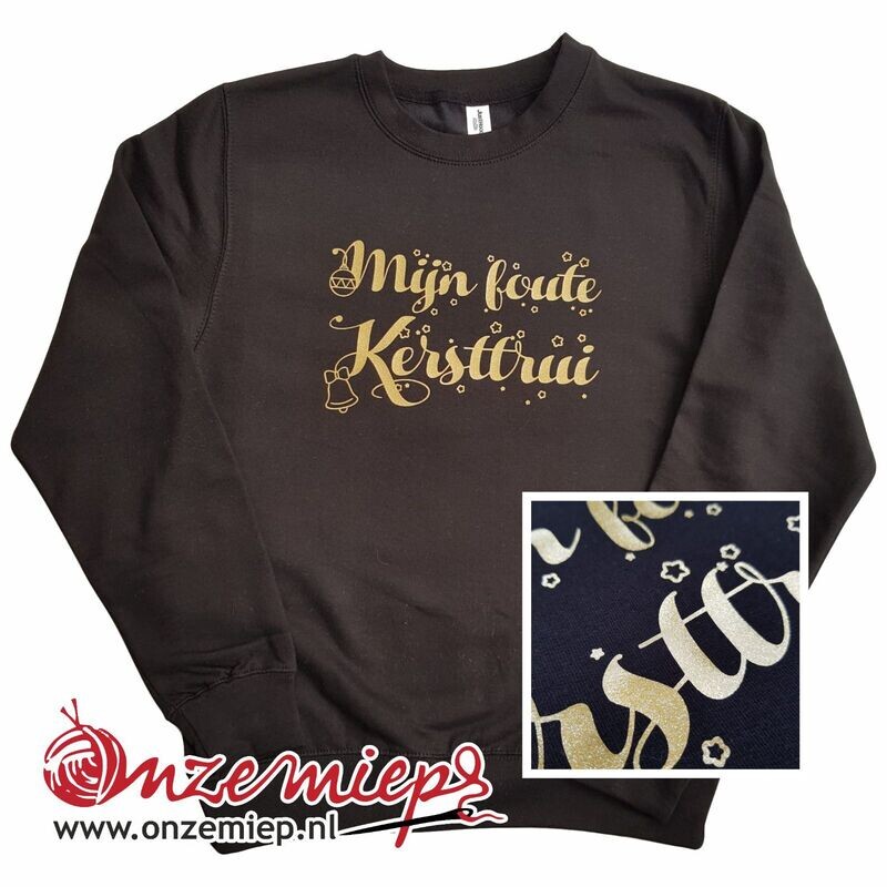 Zwarte sweater met &quot;Mijn foute kersttrui&quot; - goud glitter